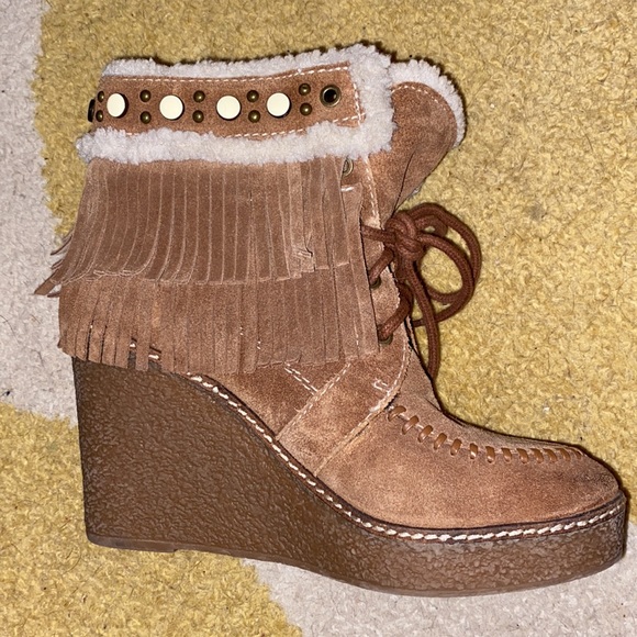 SAM EDELMAN fringe suede furry lined wedge ankle boots 7 - Picture 2 of 6